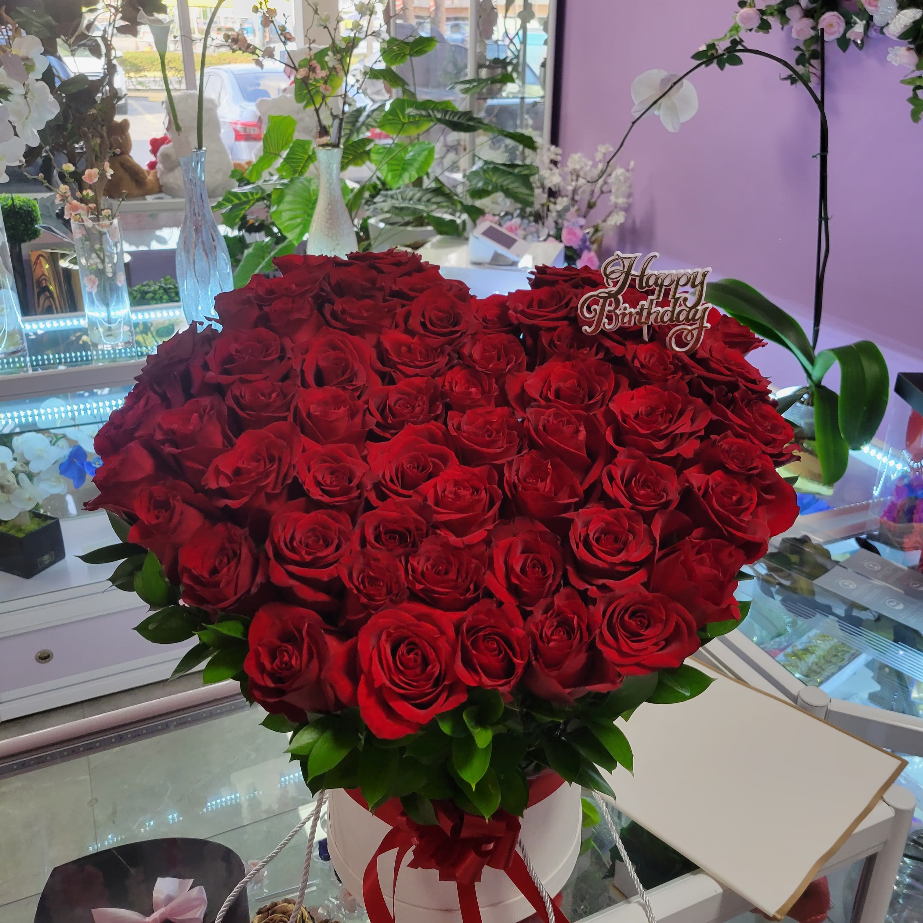 50 Heart- Shaped Roses  in Round Box